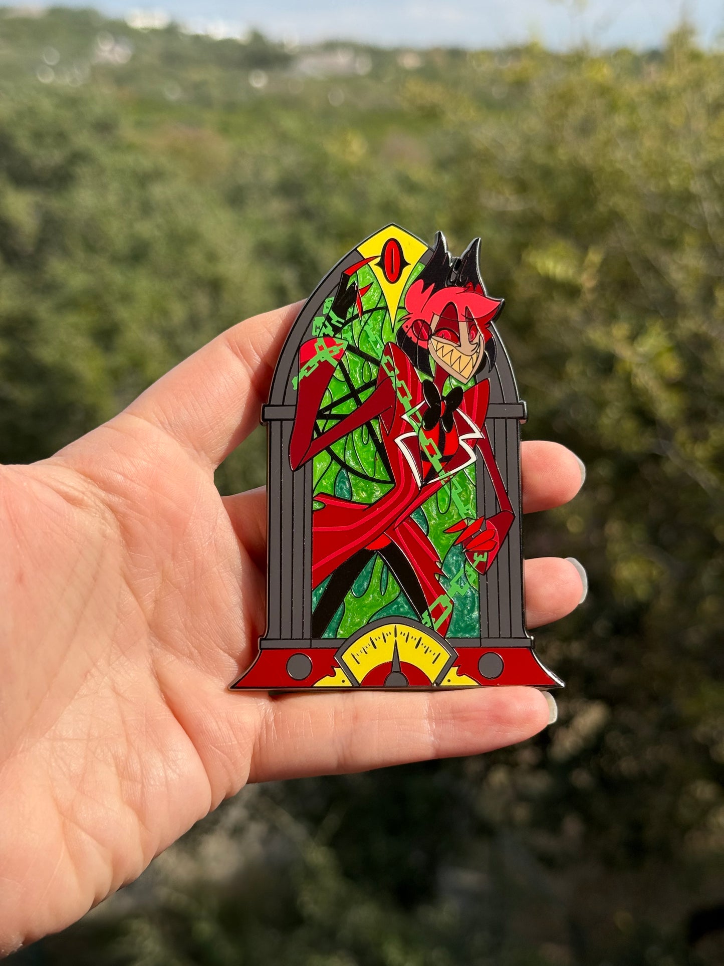 PREORDER Alastor green flame 100mm cathedral radio enamel pin with UV details