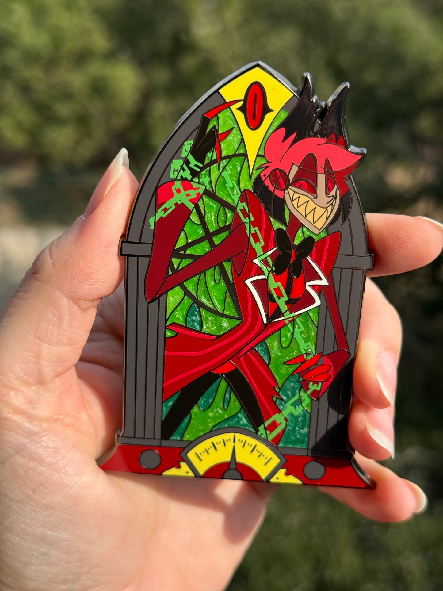 PREORDER Alastor green flame 100mm cathedral radio enamel pin with UV details