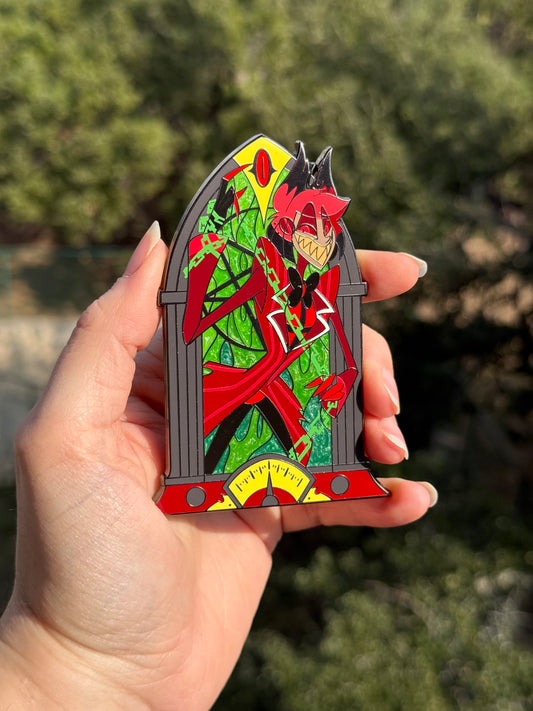 PREORDER Alastor green flame 100mm cathedral radio enamel pin with UV details