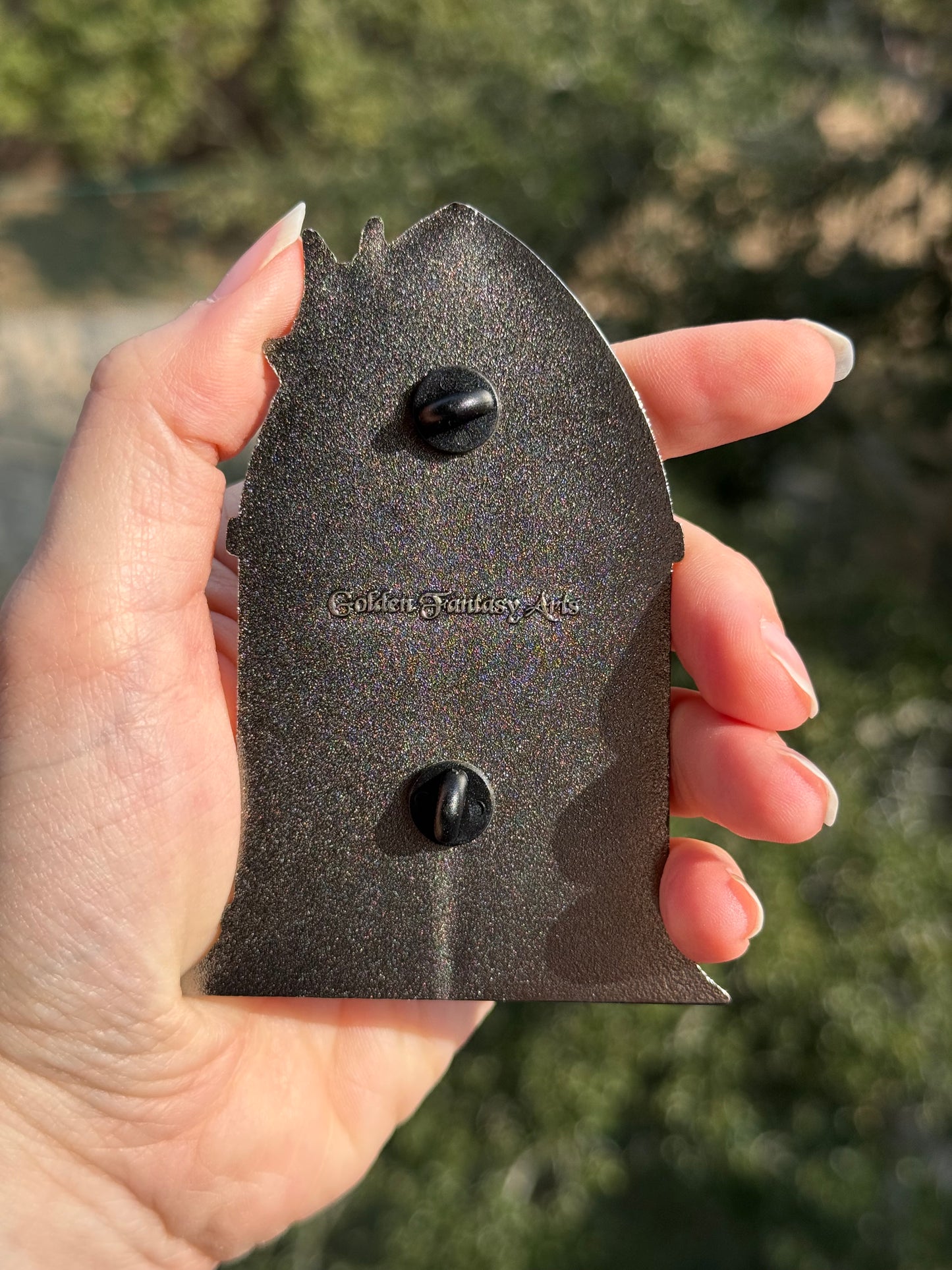 PREORDER Alastor green flame 100mm cathedral radio enamel pin with UV details