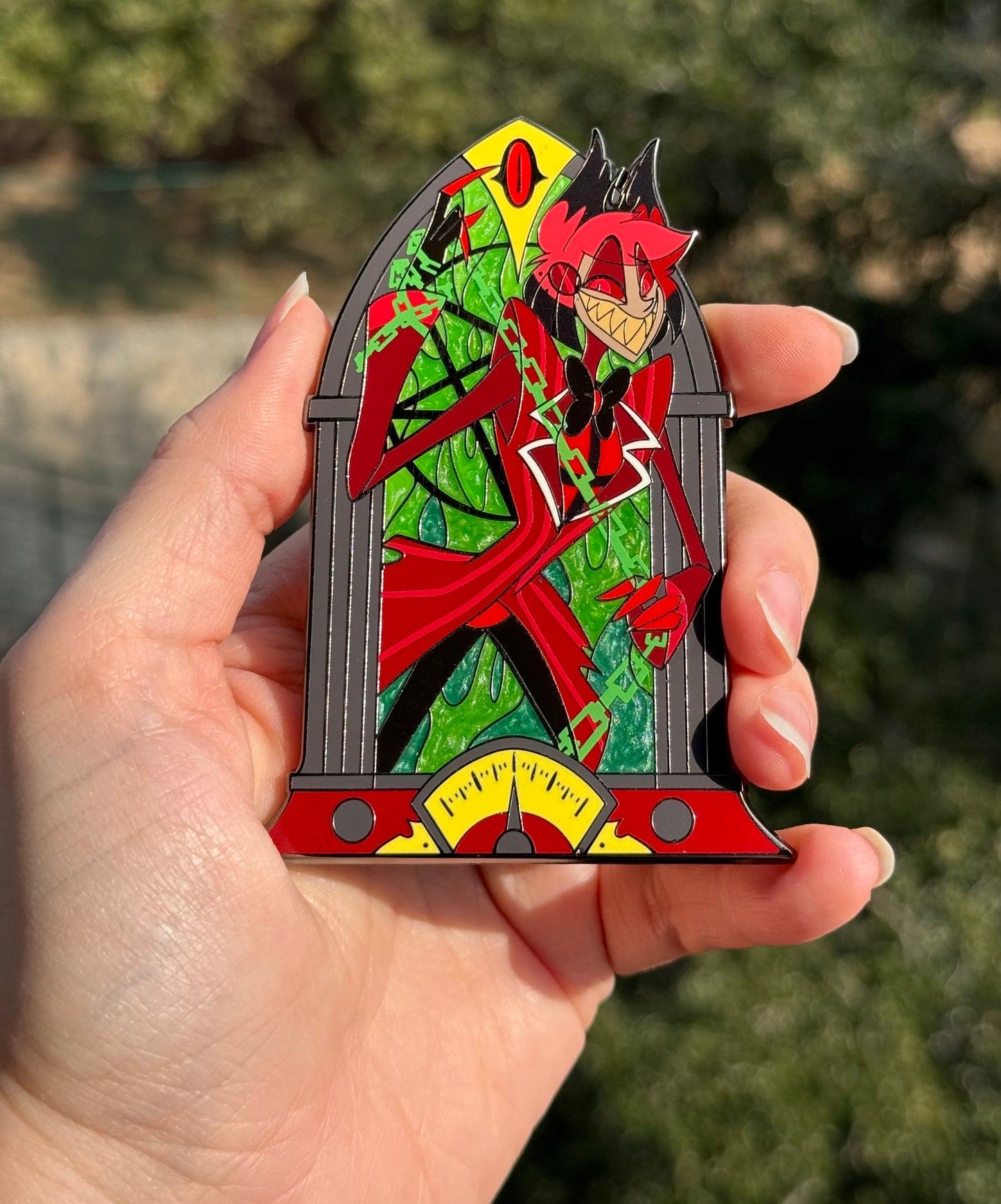 PREORDER Alastor green flame 100mm cathedral radio enamel pin with UV details