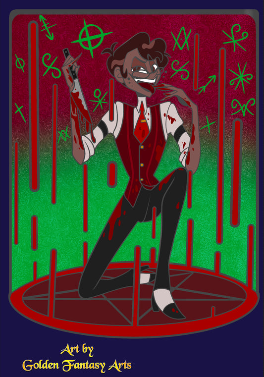 PREORDER Human Alastor pearl gradient 90mm panel pin with rounded bottom and printed details red glow