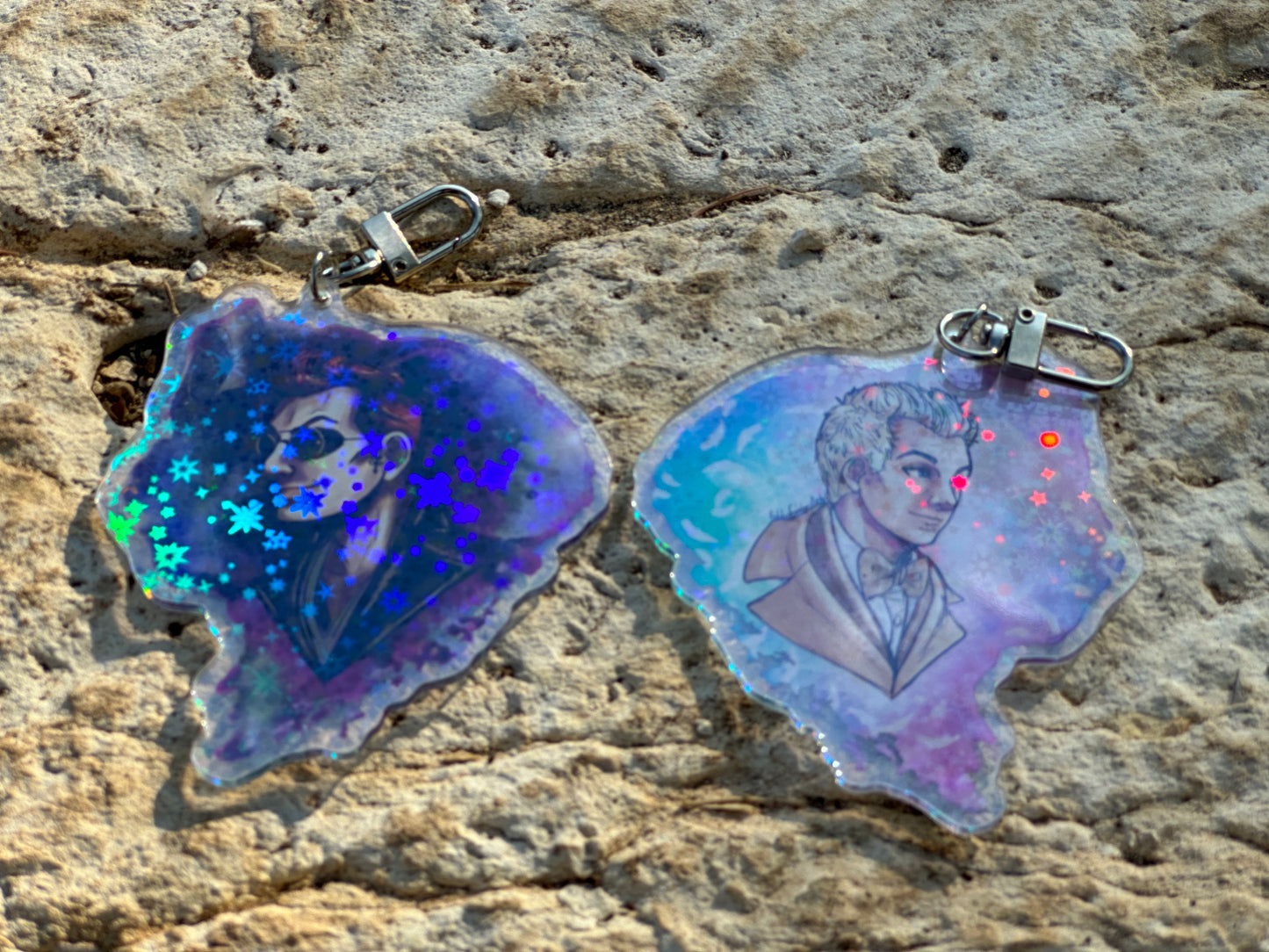 Good Omens - Aziraphale and Crowley sparkle glitter acrylic keychains