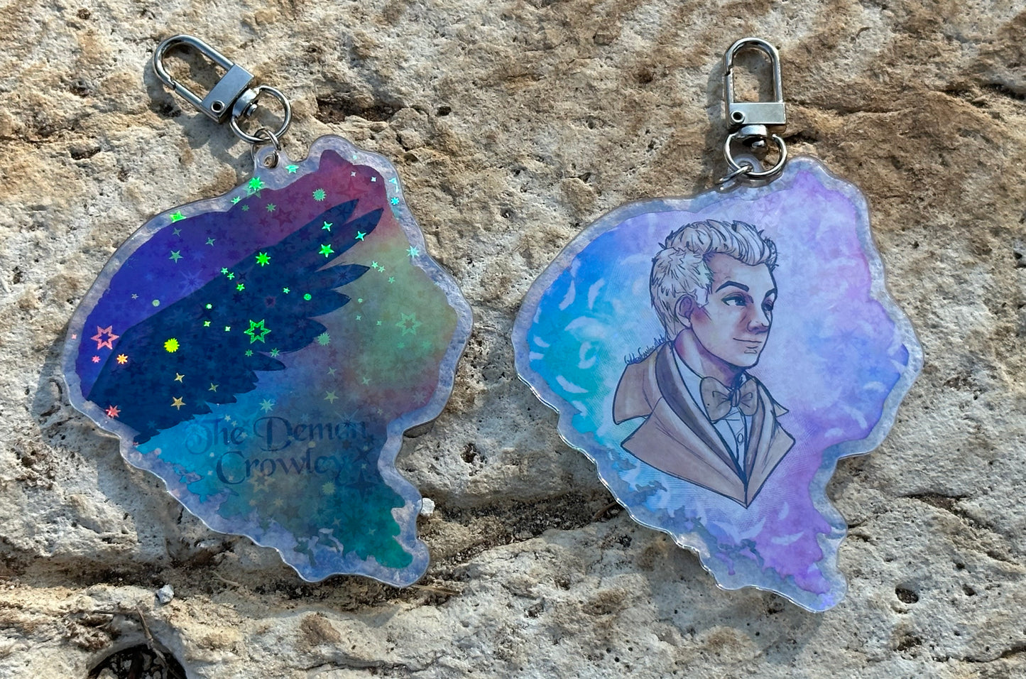 Good Omens - Aziraphale and Crowley sparkle glitter acrylic keychains