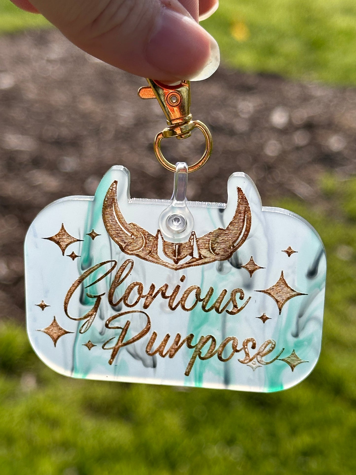 Glorious Purpose keychains on specialty cast acrylic with gold paint fill