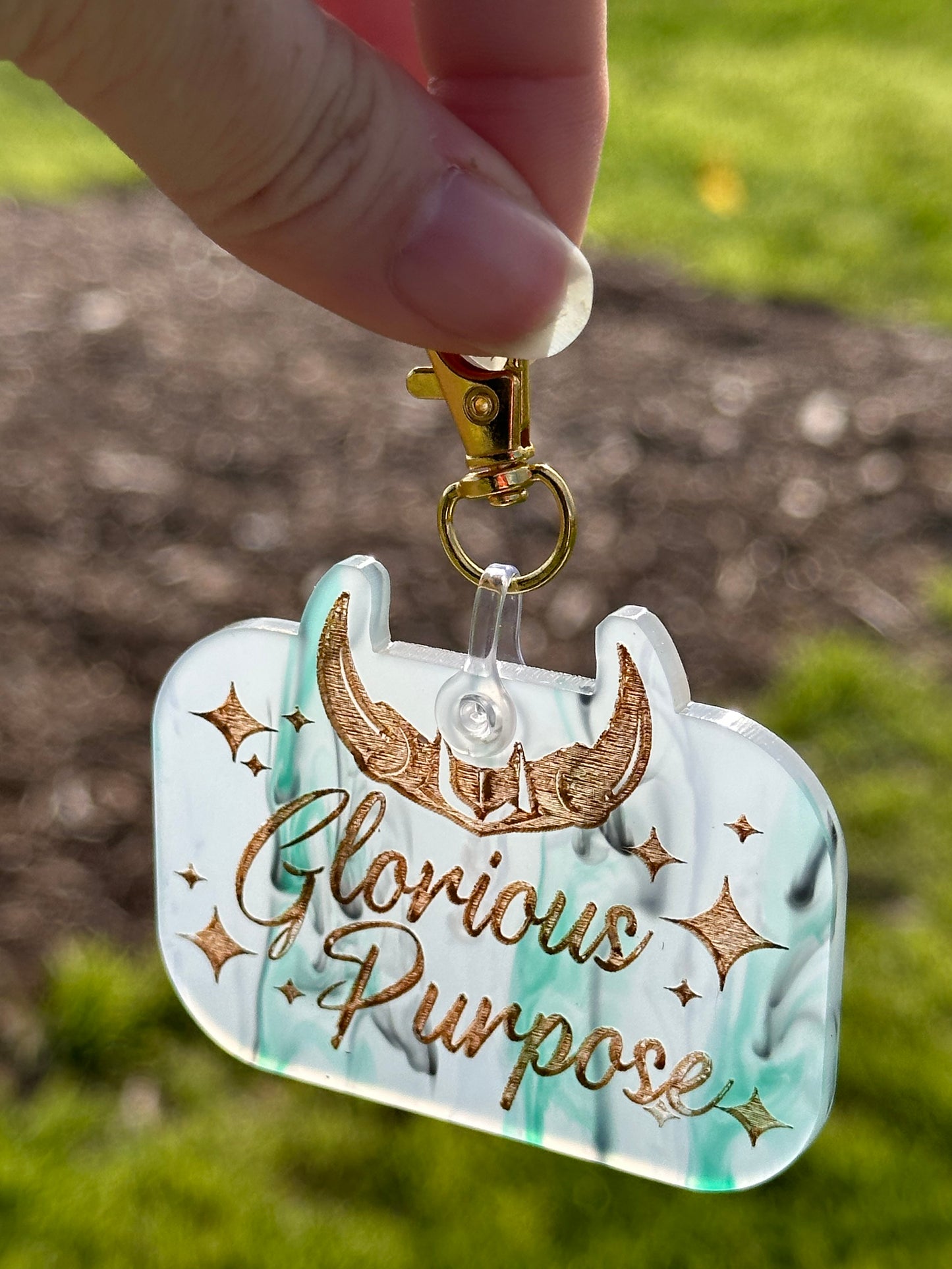 Glorious Purpose keychains on specialty cast acrylic with gold paint fill