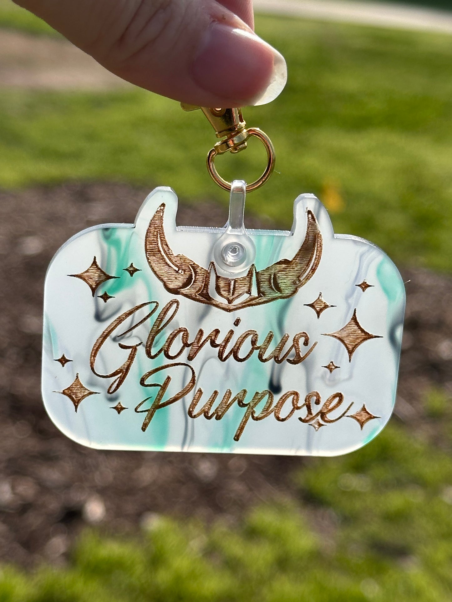 Glorious Purpose keychains on specialty cast acrylic with gold paint fill