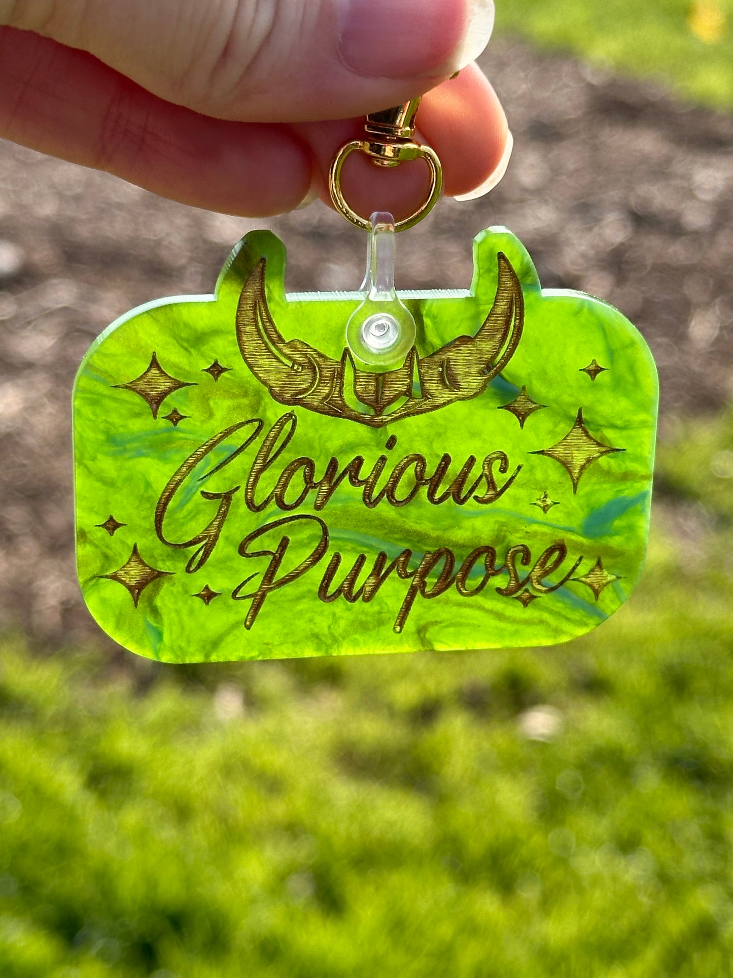 Glorious Purpose keychains on specialty cast acrylic with gold paint fill