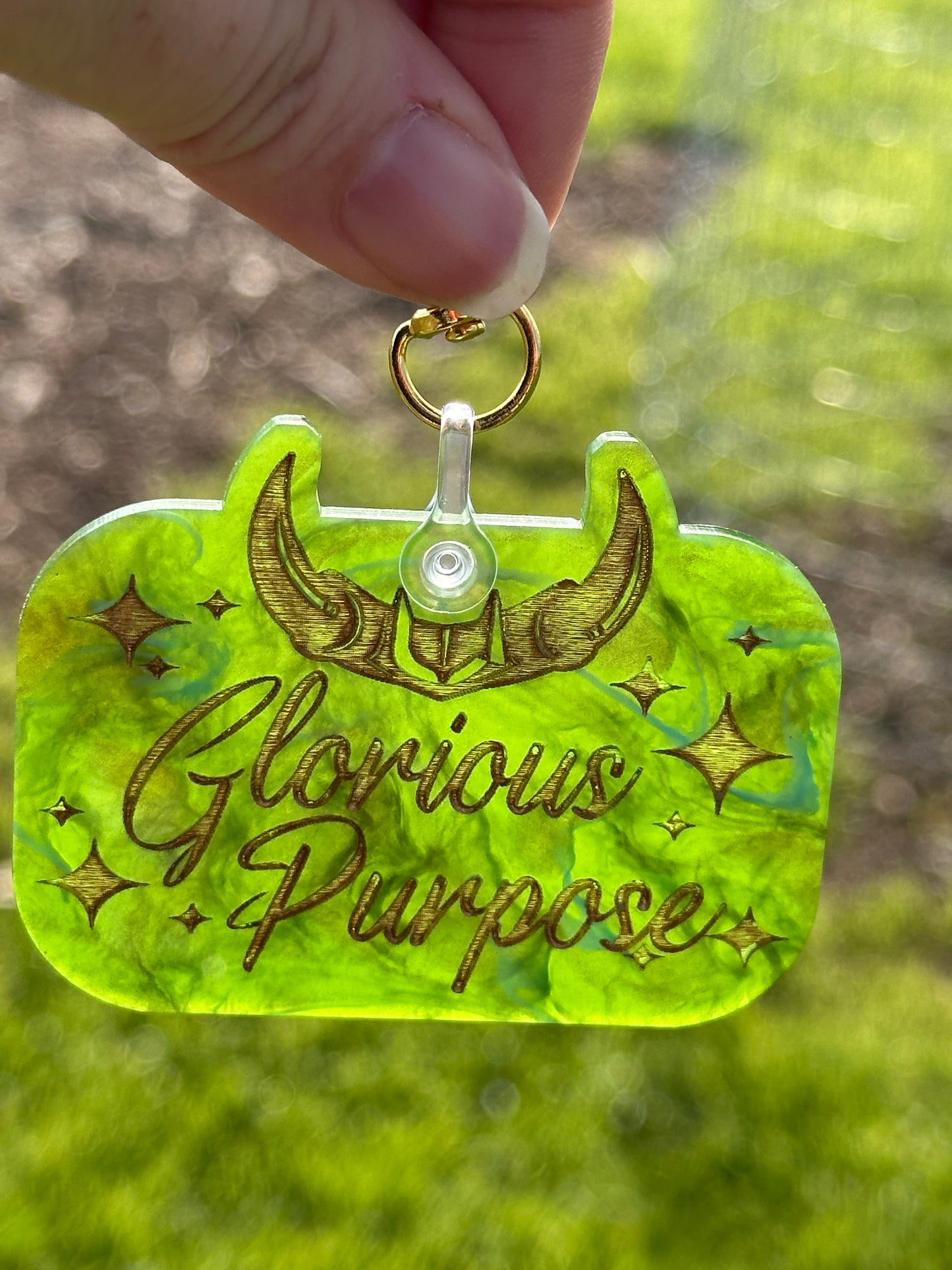 Glorious Purpose keychains on specialty cast acrylic with gold paint fill