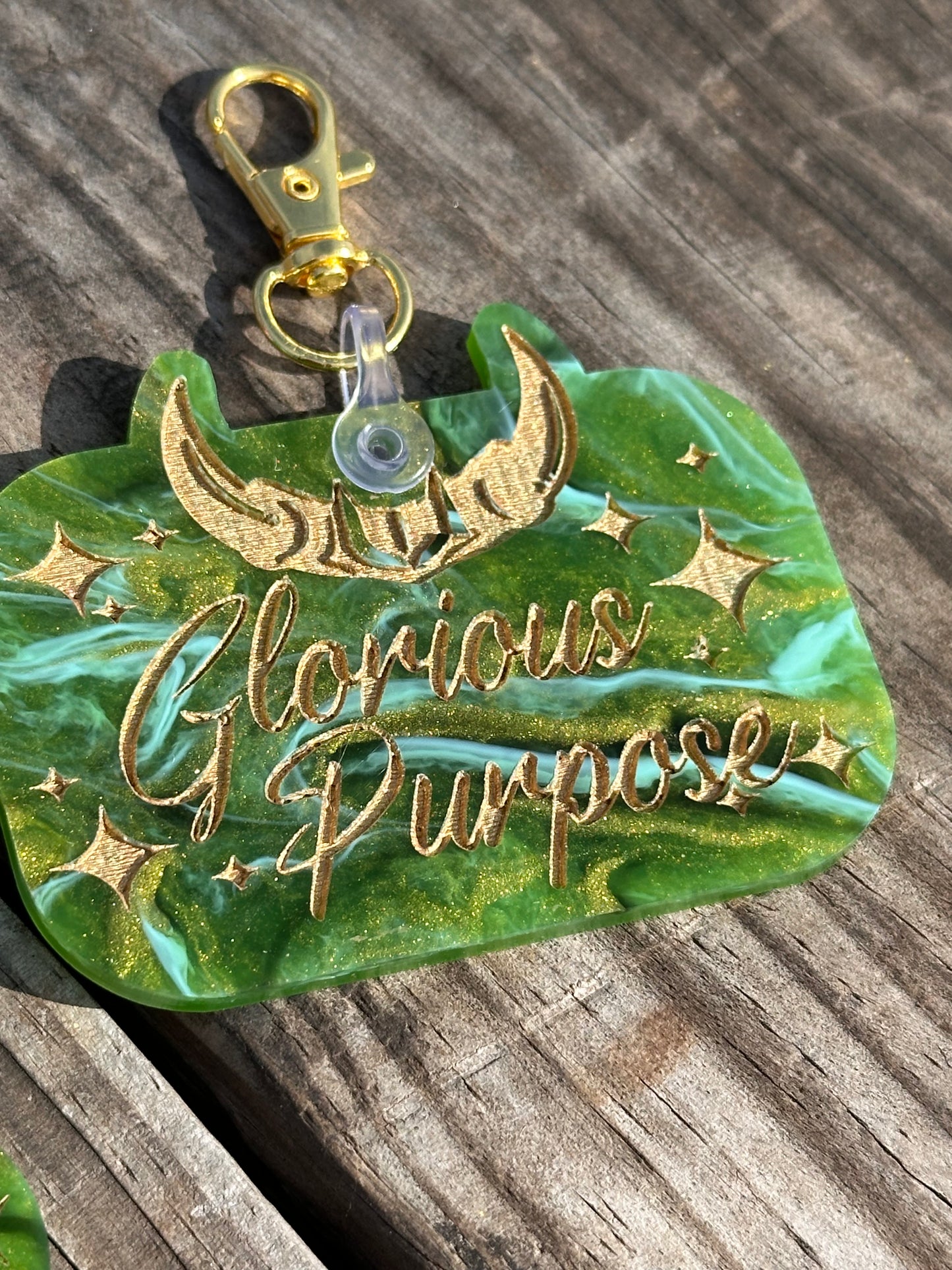 Glorious Purpose keychains on specialty cast acrylic with gold paint fill