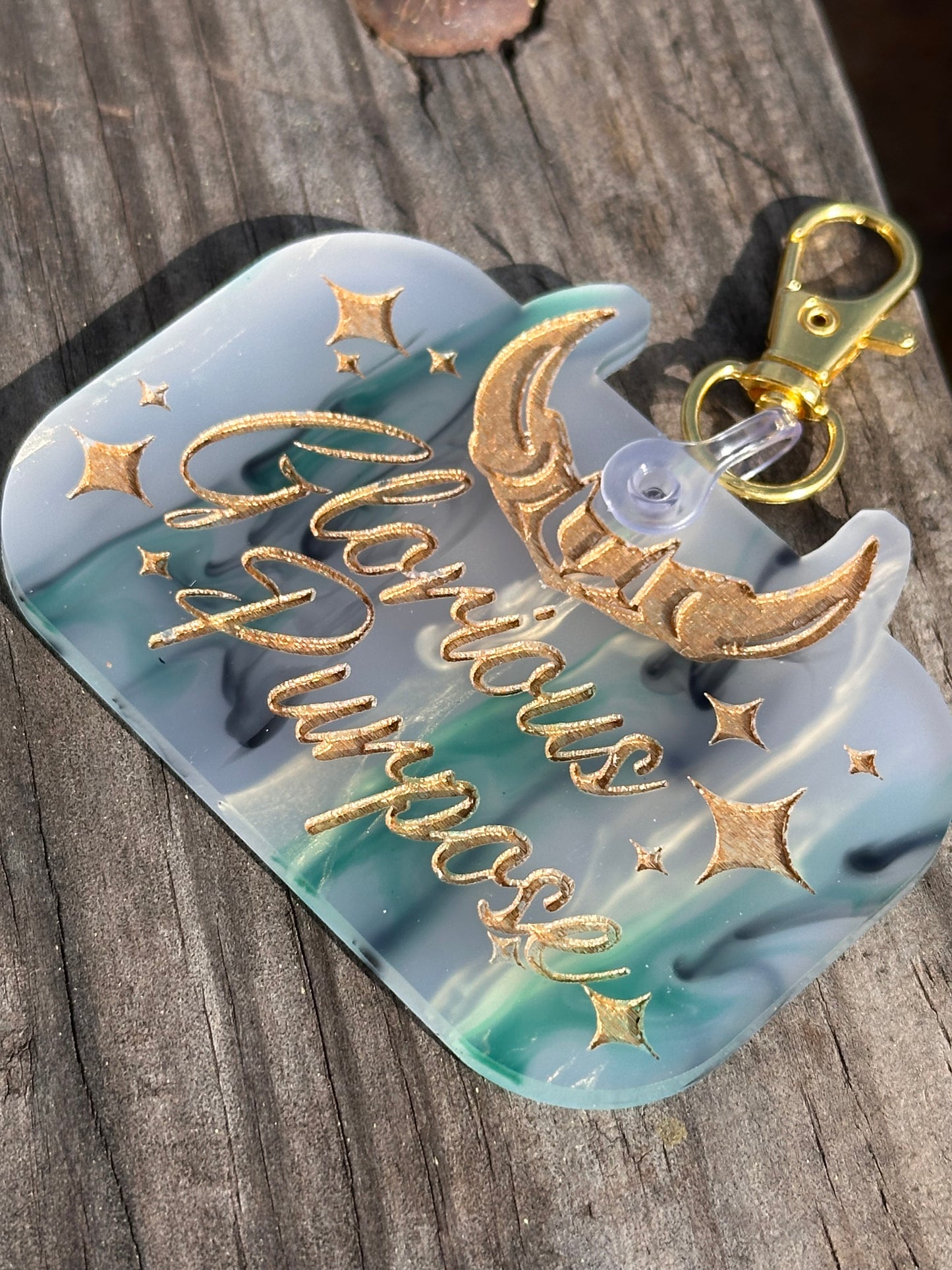 Glorious Purpose keychains on specialty cast acrylic with gold paint fill