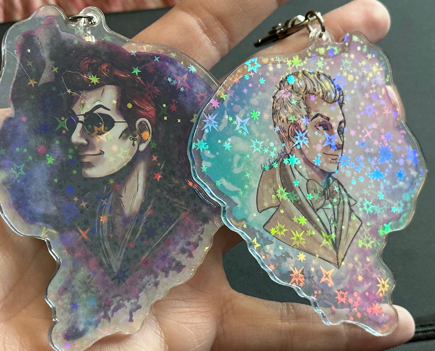 Good Omens - Aziraphale and Crowley sparkle glitter acrylic keychains