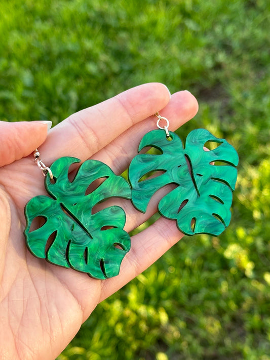 Monstera Green Pearl acrylic earrings